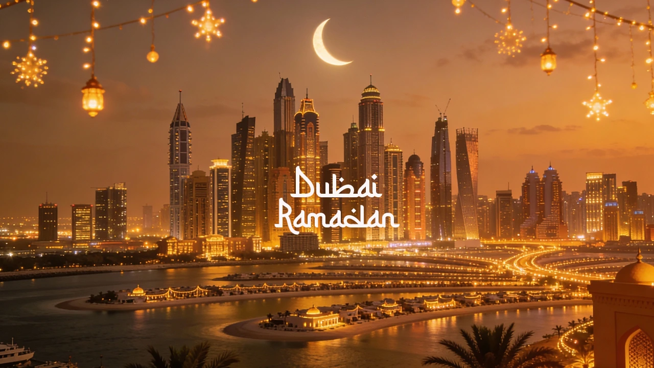 Visiting Dubai during Ramadan with a beautifully illuminated Dubai skyline at sunset, featuring a crescent moon, festive Ramadan lights, and iconic city landmarks.