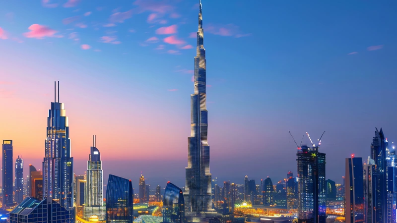Burj Khalifa, the world’s tallest building, rising above the Dubai skyline with modern skyscrapers and clear blue skies.
