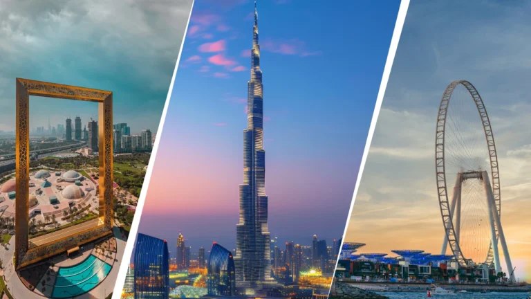 View of Dubai Frame, Burj Khalifa, and Ain Dubai captured in one image showing Dubai’s famous landmarks.
