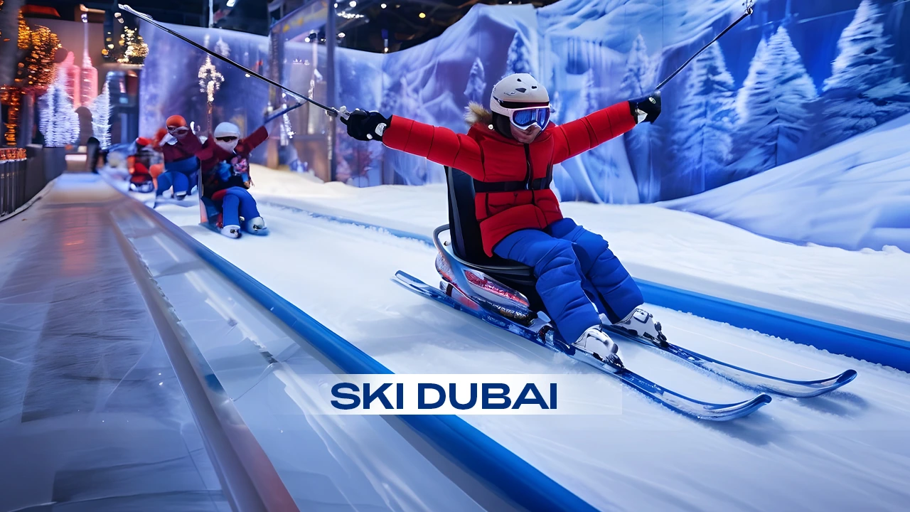 Visitors skiing and enjoying indoor snow activities at Ski Dubai snow park – book Ski Dubai tickets for winter fun in Dubai.