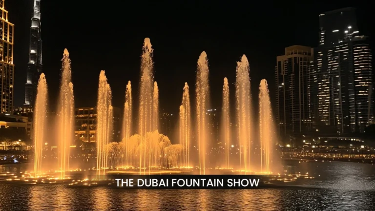 Dubai Fountain Show at night with golden water jets illuminated against the Burj Khalifa skyline.