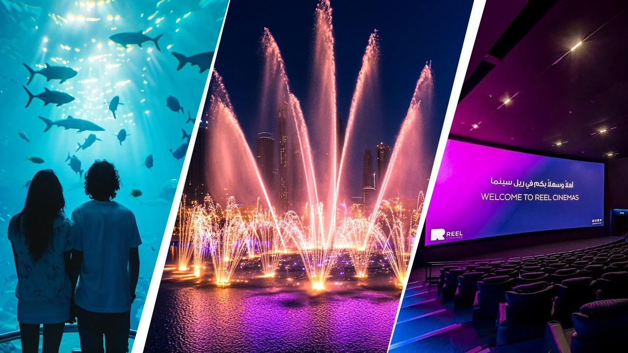 Top things to do in Dubai Mall including Dubai Aquarium underwater tunnel, Dubai Fountain night show, and Reel Cinemas experience