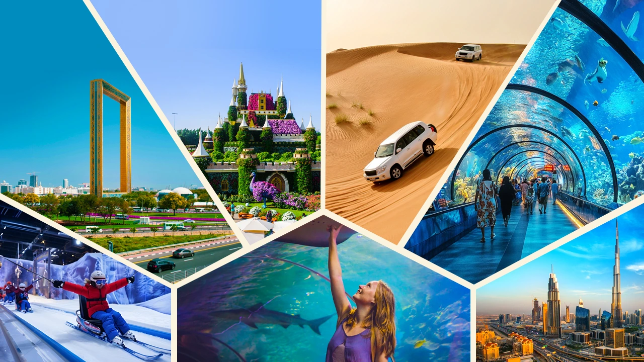 Collage of popular Dubai activities including Dubai Frame, Miracle Garden, desert safari, aquarium tunnel, ski Dubai and Burj Khalifa skyline showing top things to do in Dubai