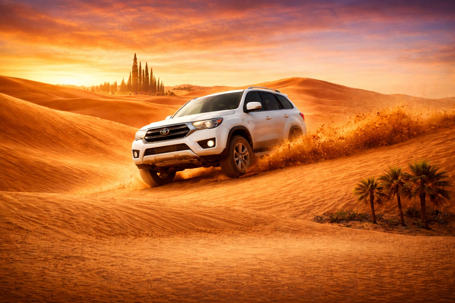 Dubai desert safari ride with 4x4 vehicle driving over golden sand dunes during sunset in Arabian desert