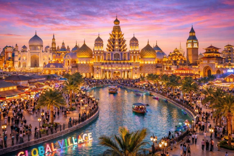 Global Village Dubai illuminated at night with international pavilions, waterfront promenade, and colorful lights attracting visitors.