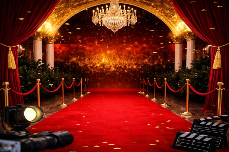 Luxurious red carpet entrance inside Madame Tussauds Dubai with golden chandelier and velvet ropes showcasing the experience included with Madame Tussauds Dubai Tickets