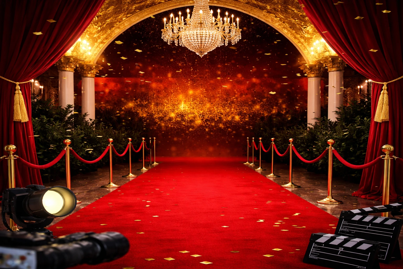 Luxurious red carpet entrance inside Madame Tussauds Dubai with golden chandelier and velvet ropes showcasing the experience included with Madame Tussauds Dubai Tickets