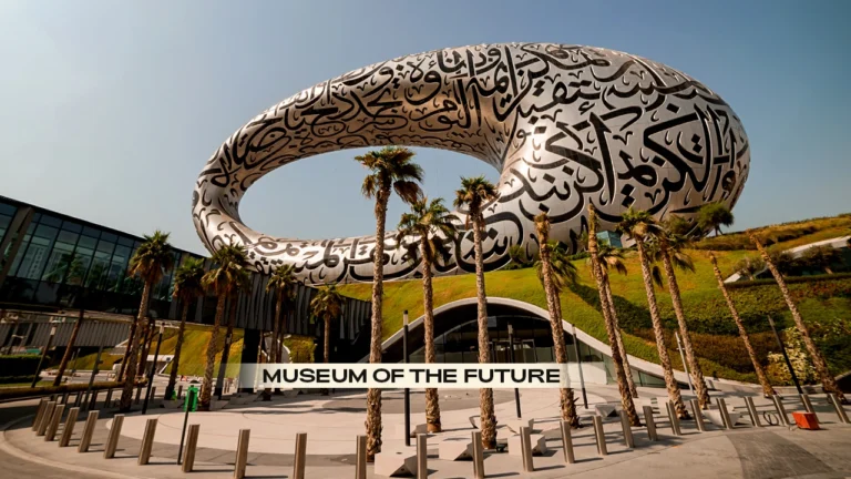 Stunning exterior view of Museum of the Future futuristic building in Dubai
