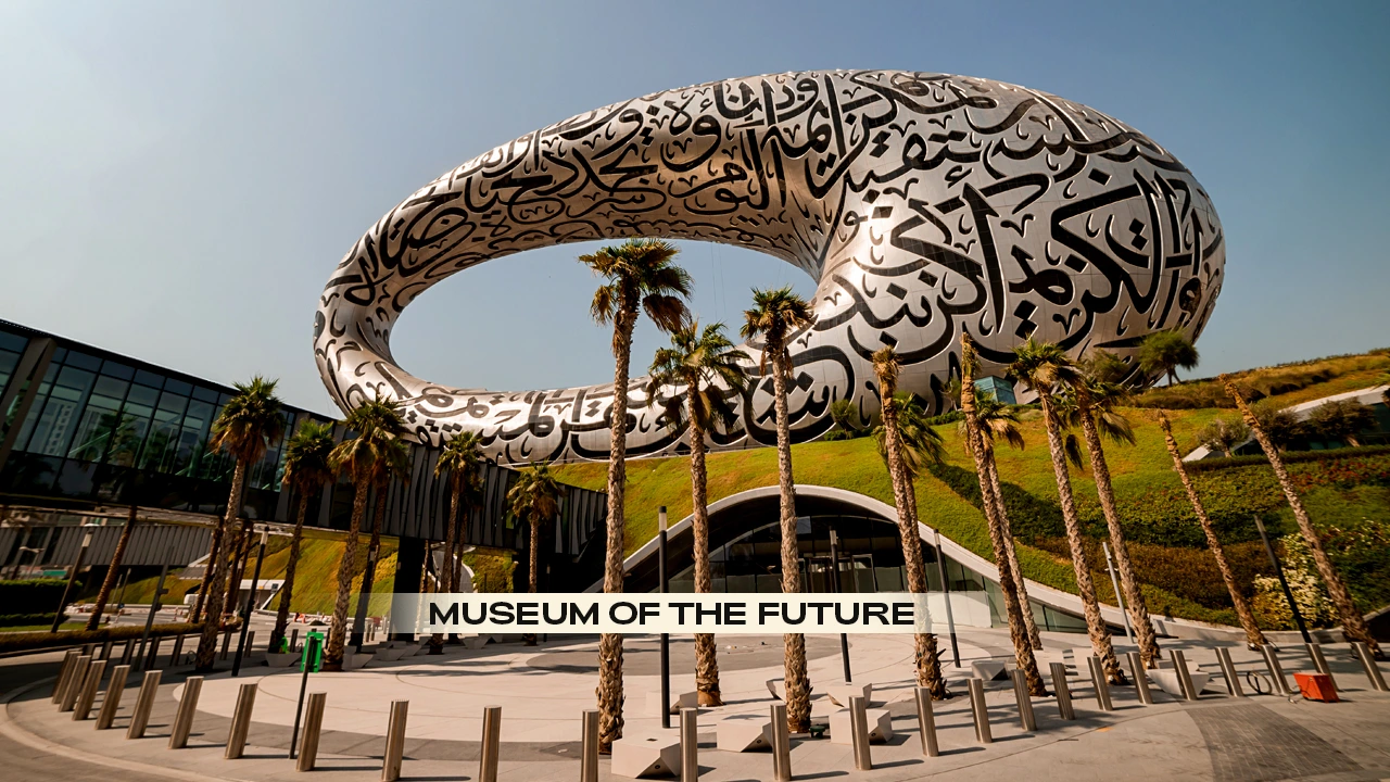 Stunning exterior view of Museum of the Future futuristic building in Dubai