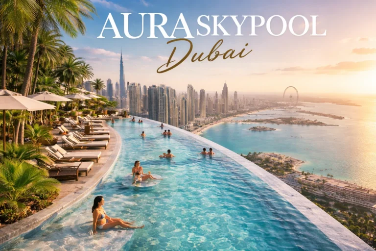 Aura Skypool Dubai infinity pool with panoramic skyline view and luxury seating area
