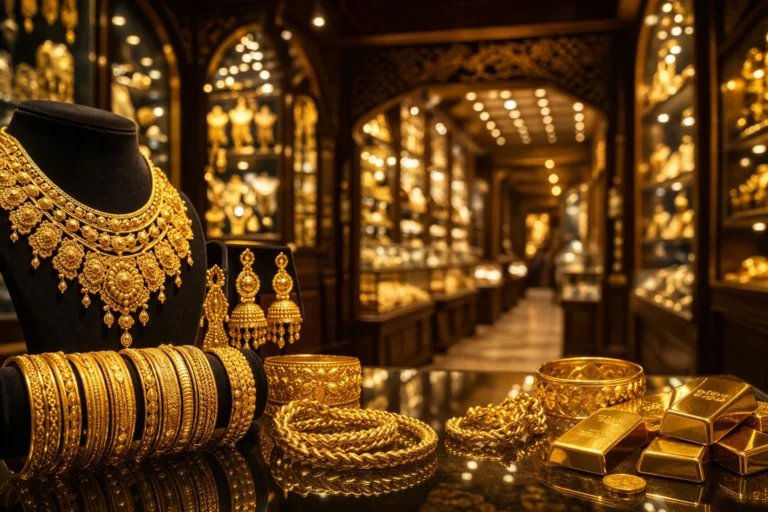 gold souk dubai market with luxury gold jewelry necklaces bangles and gold bars in traditional dubai souk