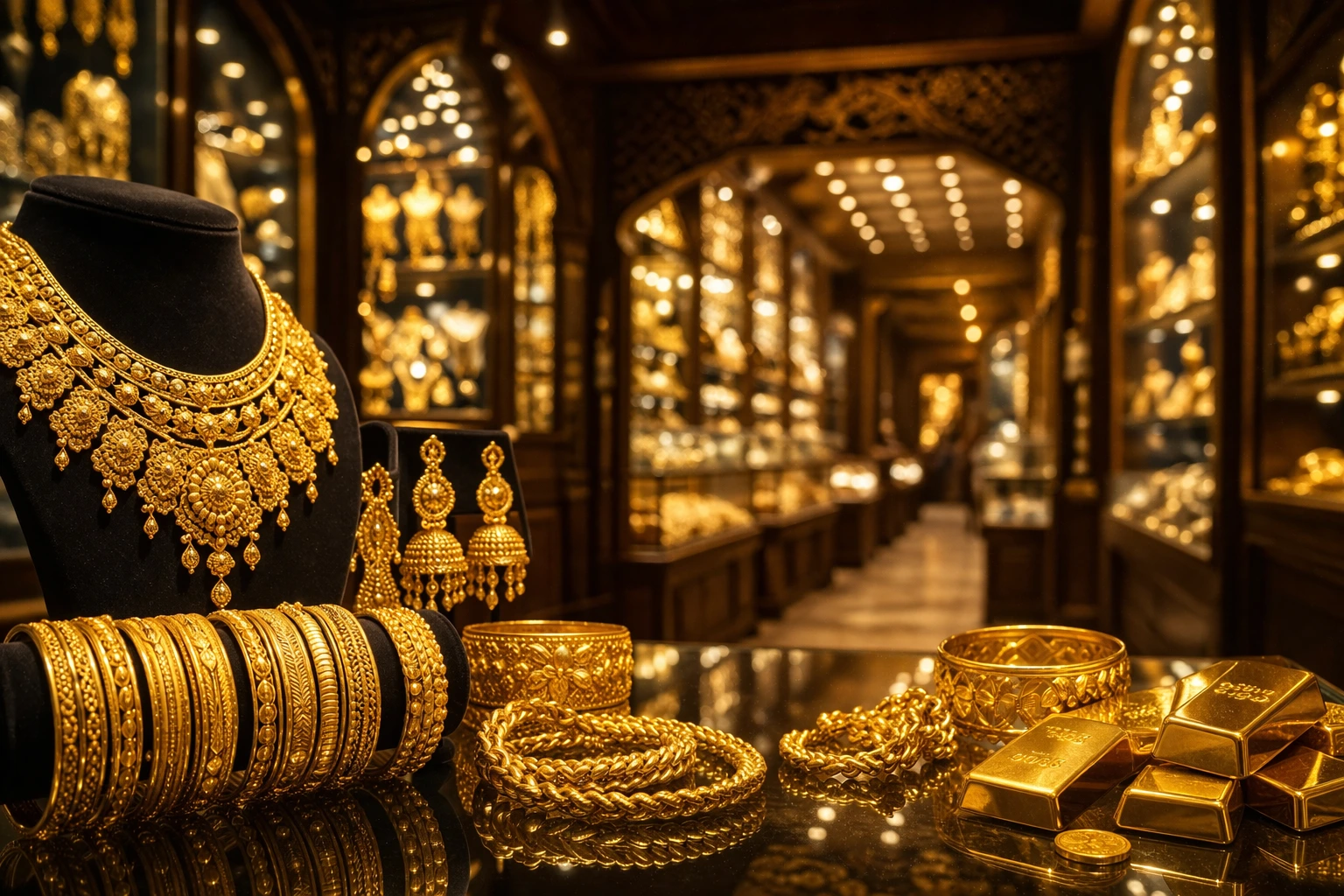 gold souk dubai market with luxury gold jewelry necklaces bangles and gold bars in traditional dubai souk
