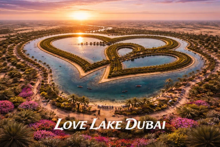 Love Lake Dubai aerial view showing heart-shaped lakes in Al Qudra desert with scenic sunset and lush landscape