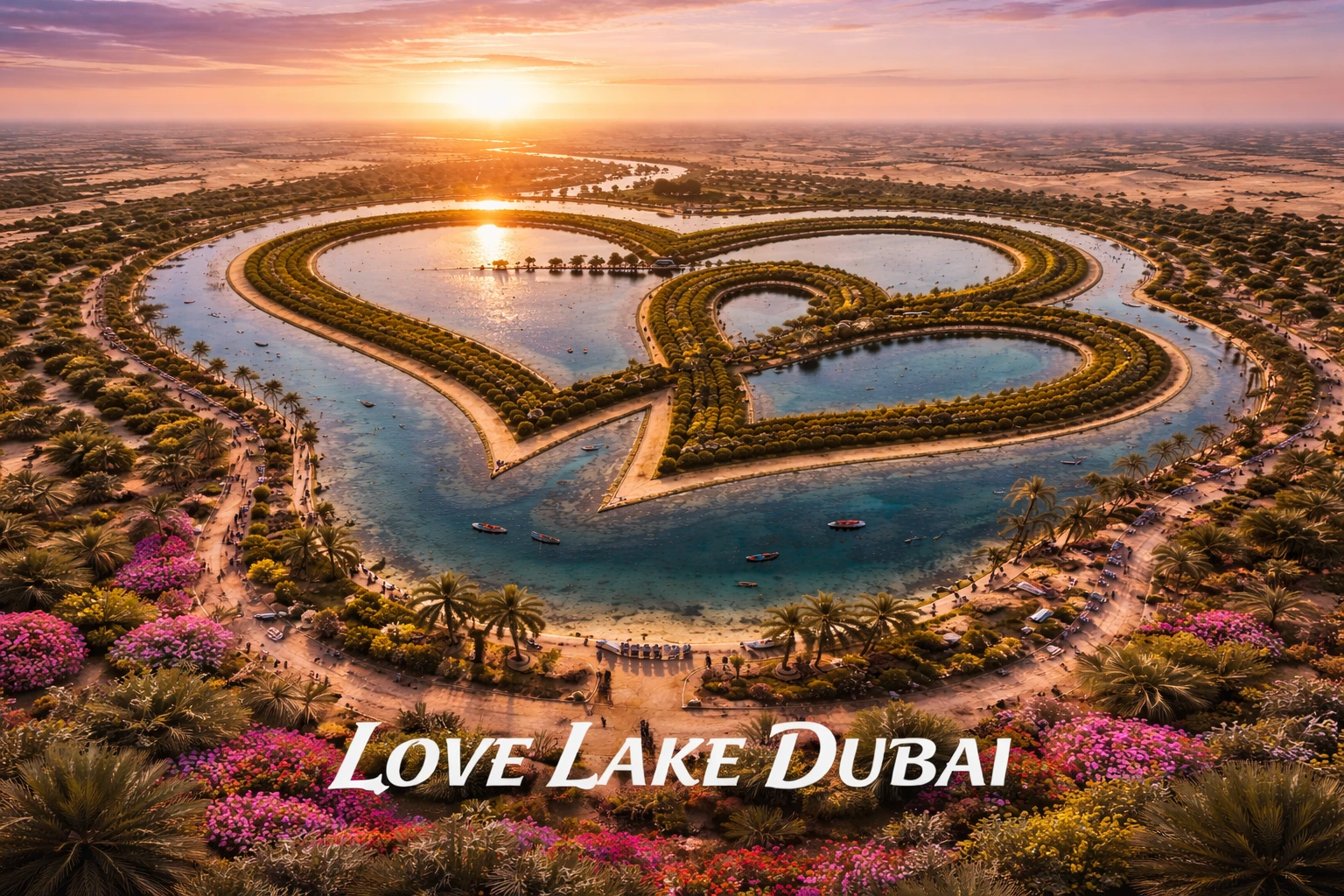 Love Lake Dubai aerial view showing heart-shaped lakes in Al Qudra desert with scenic sunset and lush landscape