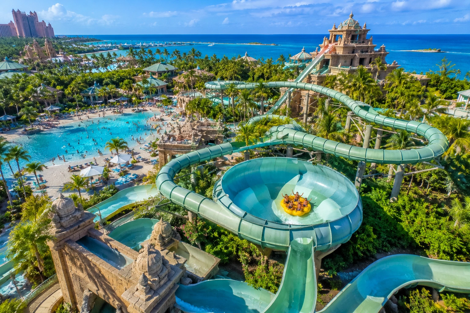 Aerial view of Atlantis Aquaventure Dubai featuring giant water slides, swimming pools, tropical landscapes, and visitors enjoying rides at Atlantis The Palm Dubai.
