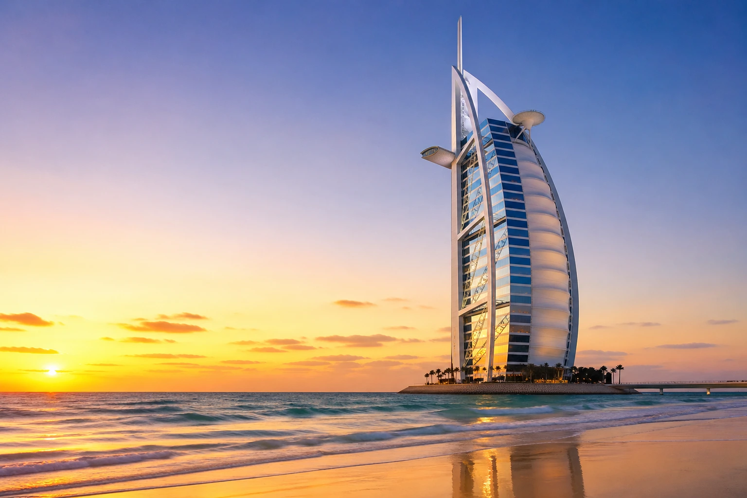 Burj Al Arab luxury hotel in Dubai at sunset with beach and sea view