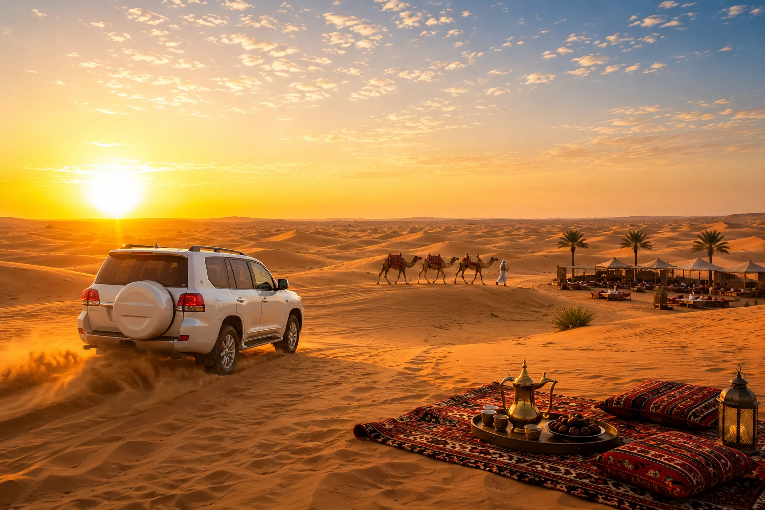 Morning desert safari Dubai with luxury SUV dune bashing, camel caravan, and sunrise desert camp in Arabian dunes.