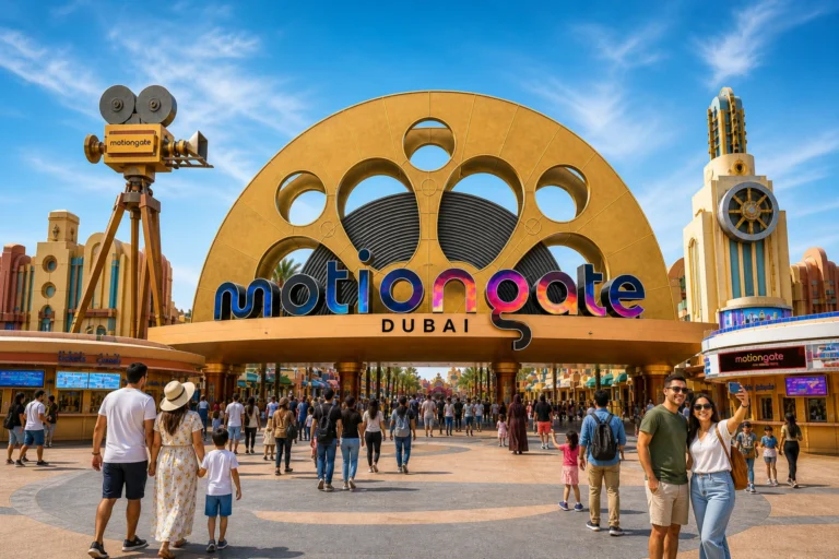 Motiongate Dubai entrance with tourists and families enjoying the Hollywood-themed amusement park in Dubai UAE