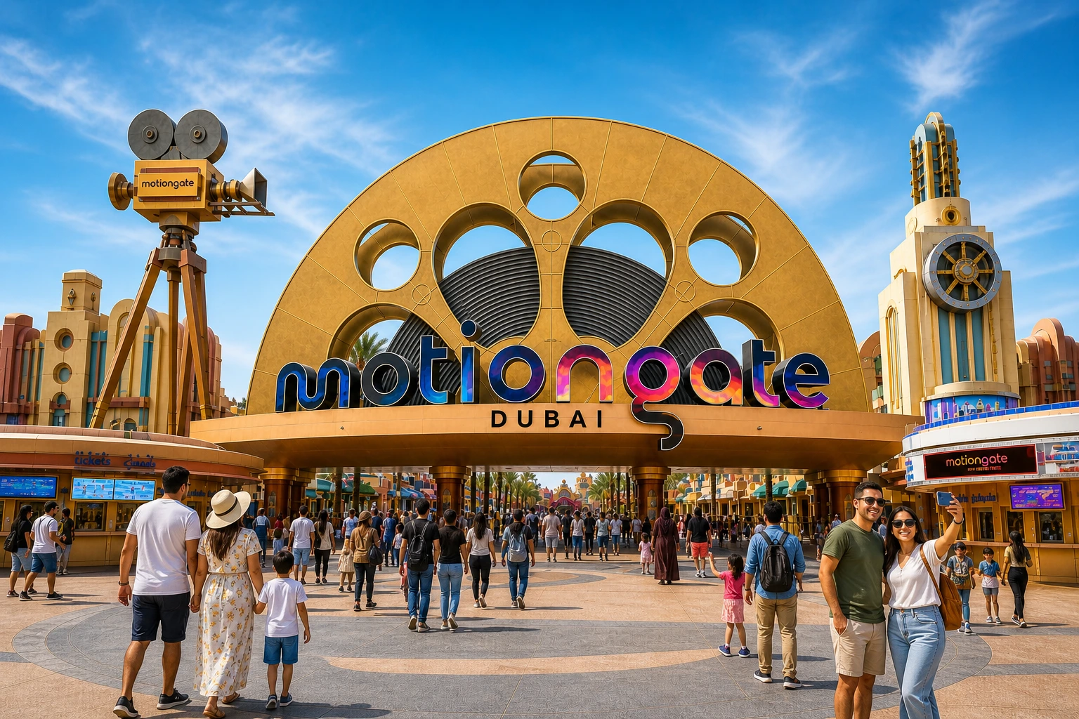 Motiongate Dubai entrance with tourists and families enjoying the Hollywood-themed amusement park in Dubai UAE