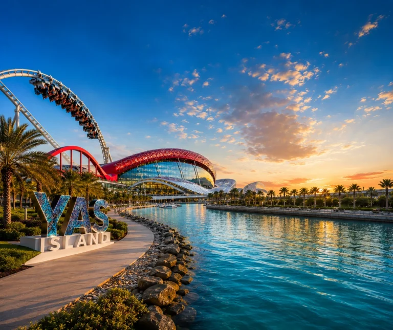 Beautiful sunset waterfront view of Yas Island Abu Dhabi with modern architecture, luxury hotels, marina, and roller coaster attractions.