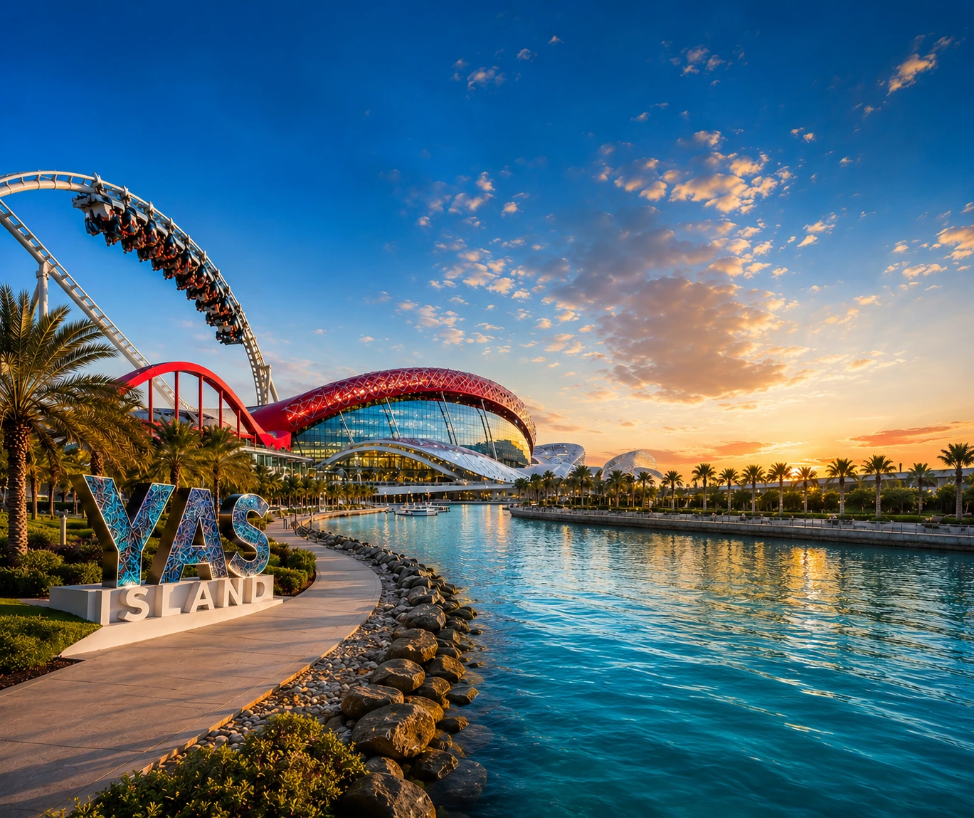 Beautiful sunset waterfront view of Yas Island Abu Dhabi with modern architecture, luxury hotels, marina, and roller coaster attractions.